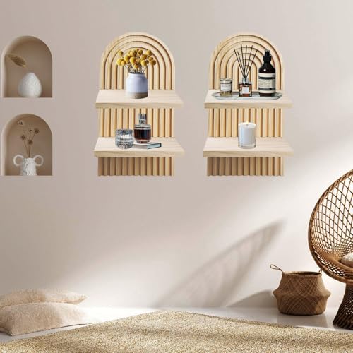Étagère Murale Bohème en Bois 2 Pièces, Decorations Murales Bohèmes 2 Niveaux, Idéale pour Photo et Décoration de Table,