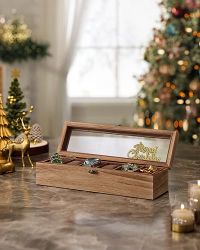 SONGMICS Boîte à Montres 6 Compartiments Écrin en Bois Couvercle en Verre Noisette