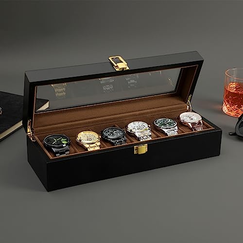 Boîte de montre R.SHENGTE en bois 6 emplacements Vitrine de rangement avec Real Glass top Hommes Père Mari Garçon Ami