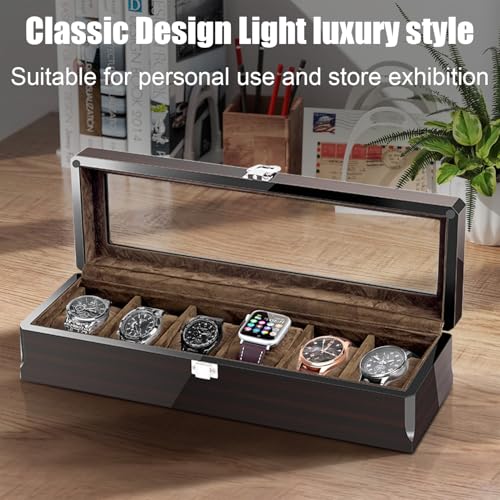 RichLuck Boîte à montres en bois massif avec 6 emplacements et couvercle en verre, organisateur de montres classique pou
